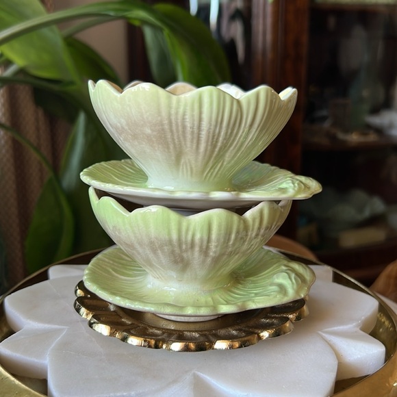 Antique Pair of Royal Winton Lotus Lusterware Bowls Attached Handle Saucer Plate - Picture 4 of 16